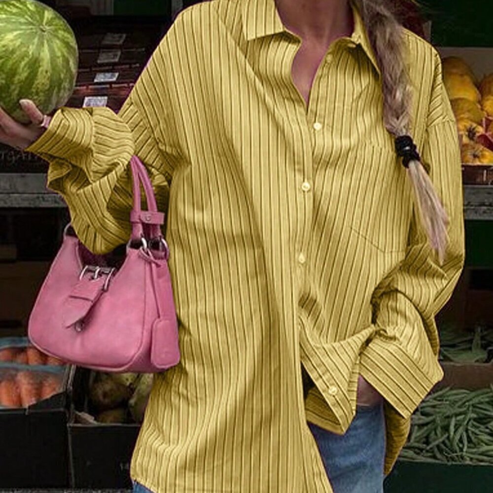 Yellow Casual Women's Front Button Pocket Long Sleeve Shirt